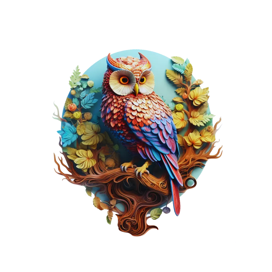 Colorful owl surrounded by flowers and leaves on a white background