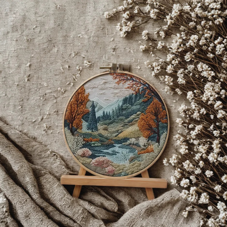 Embroidery hoop with a landscape design on a textured surface with flowers and fabric.