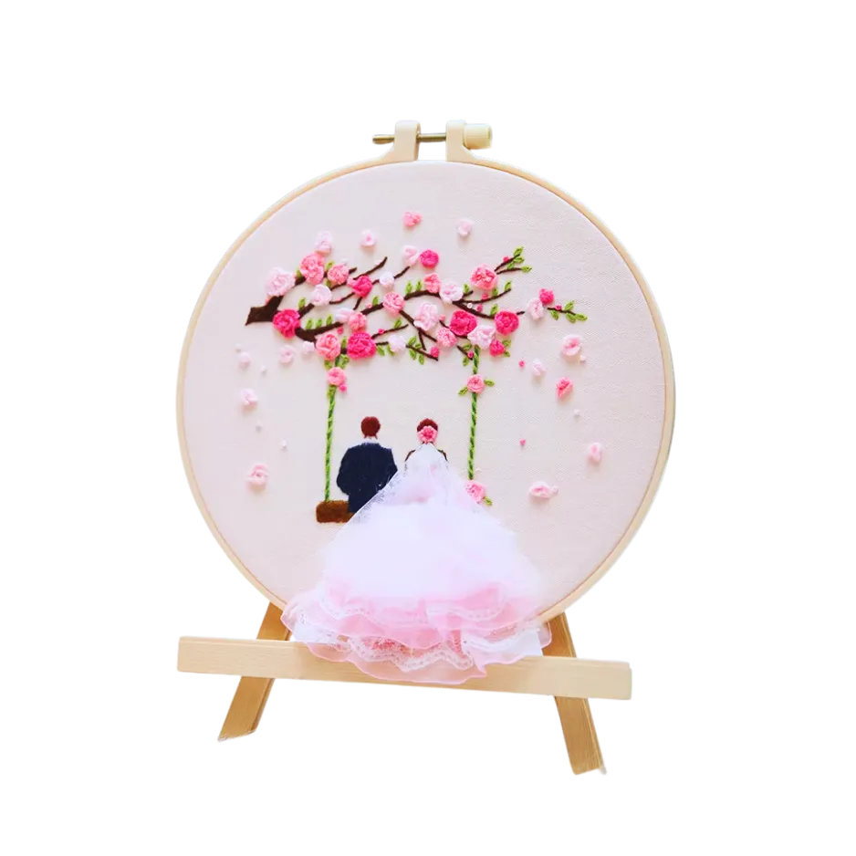 Embroidery hoop with cherry blossom design and a couple under a tree on a white background