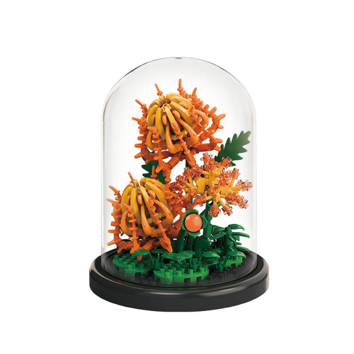 ild Flame Eryngium flower block model inside a clear dome on a black base — a spiky blue–purple DIY floral building kit from QualiBoxz for creative home décor.