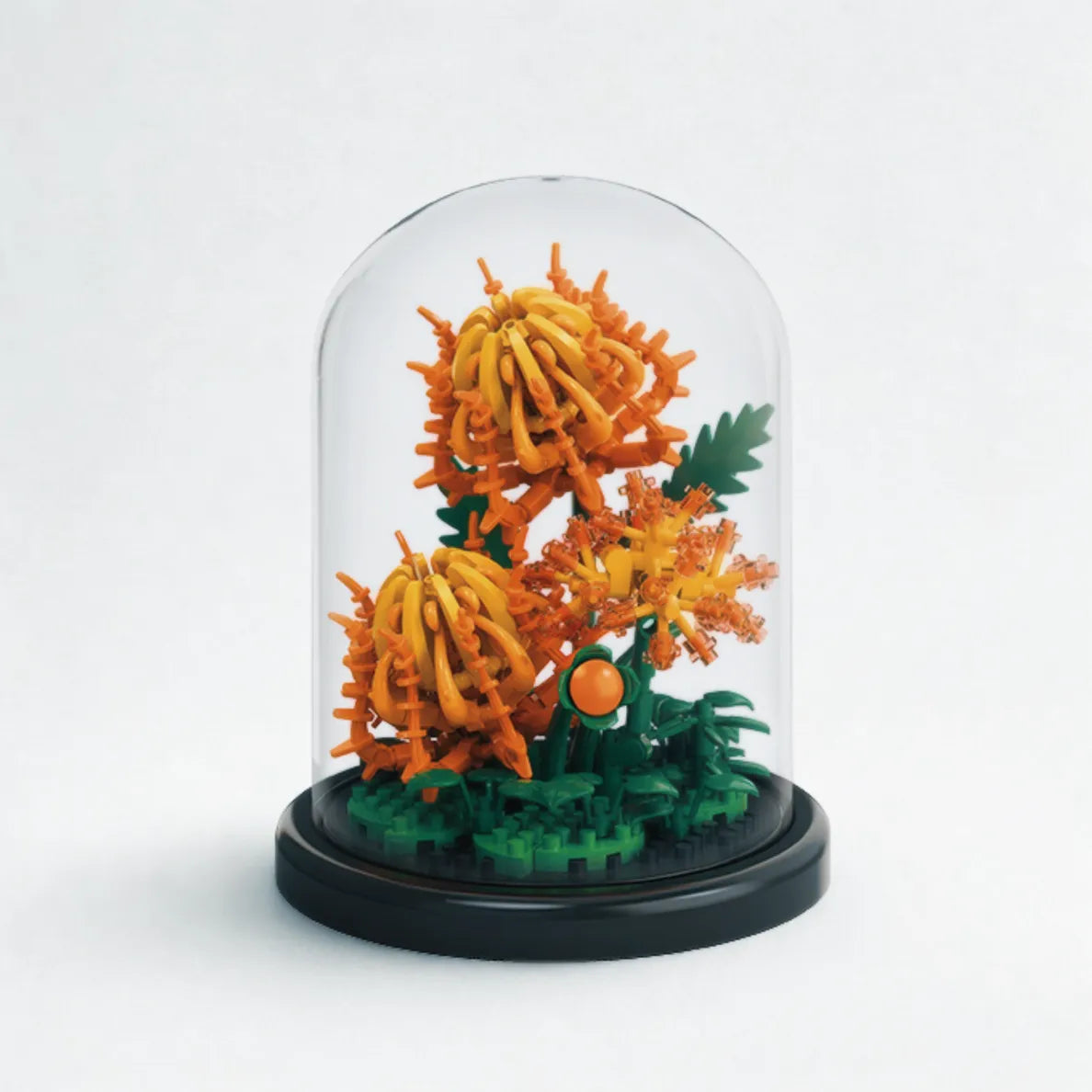 ild Flame Eryngium flower block model inside a clear dome on a black base — a spiky blue–purple DIY floral building kit from QualiBoxz for creative home décor.