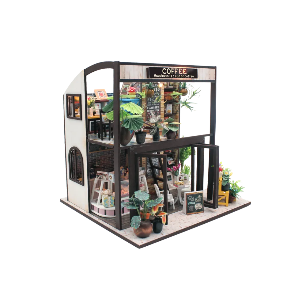 Miniature model of a coffee shop with various elements inside