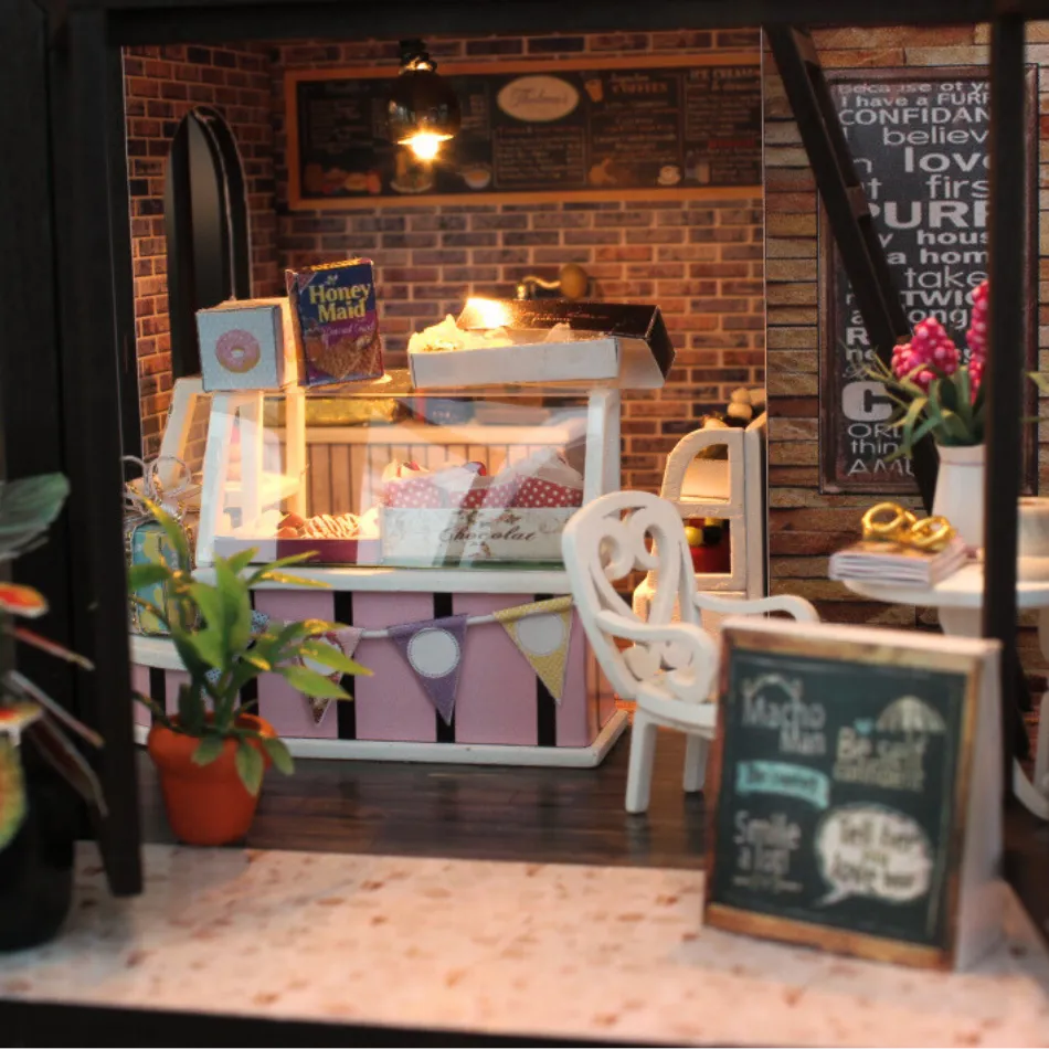 Miniature model of a cafe interior with furniture and decor