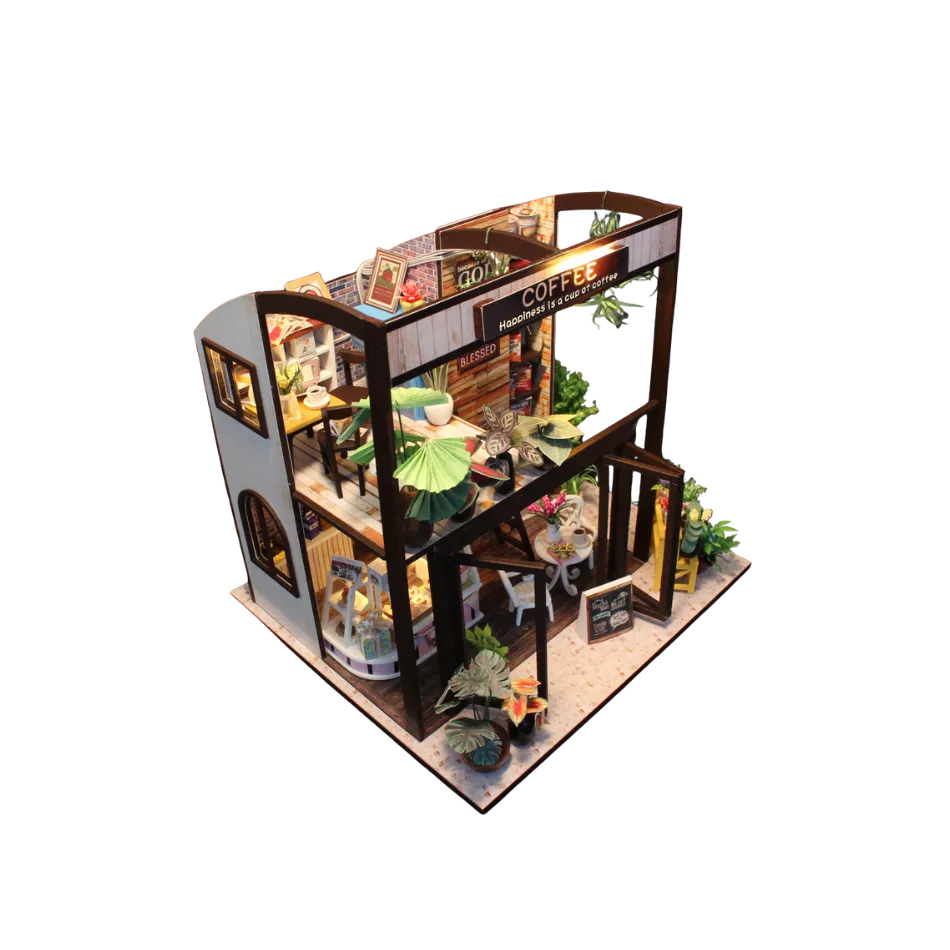 Model of a coffee shop with detailed interior on a white background