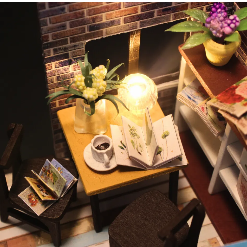  cozy indoor setting with a small table, books, and a cup of coffee.