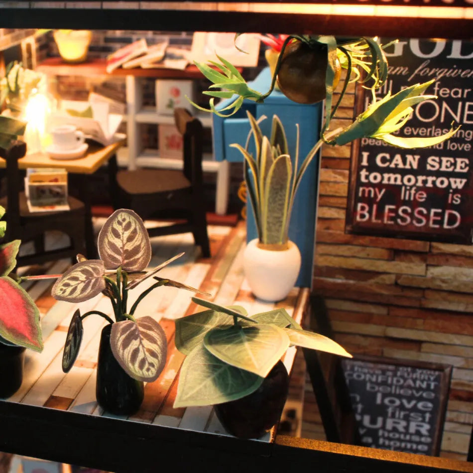 Decorative indoor plants on a table with a cozy room background