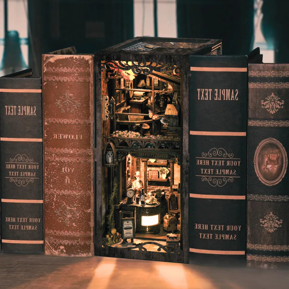 Book-shaped display with a miniature interior scene