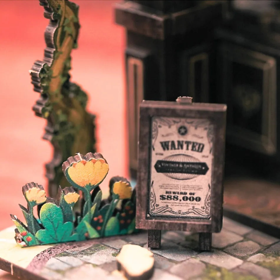 Miniature 'Wanted' poster with flowers on a rustic background