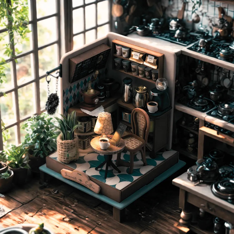 Miniature model of a kitchen with various items and plants in a well-lit room.