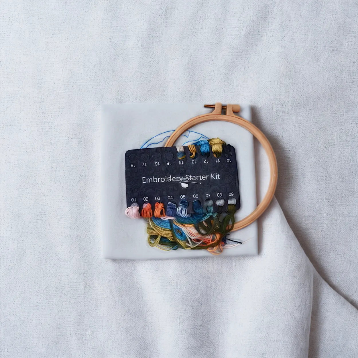 Embroidery starter kit with colorful threads and wooden hoop on a light gray background