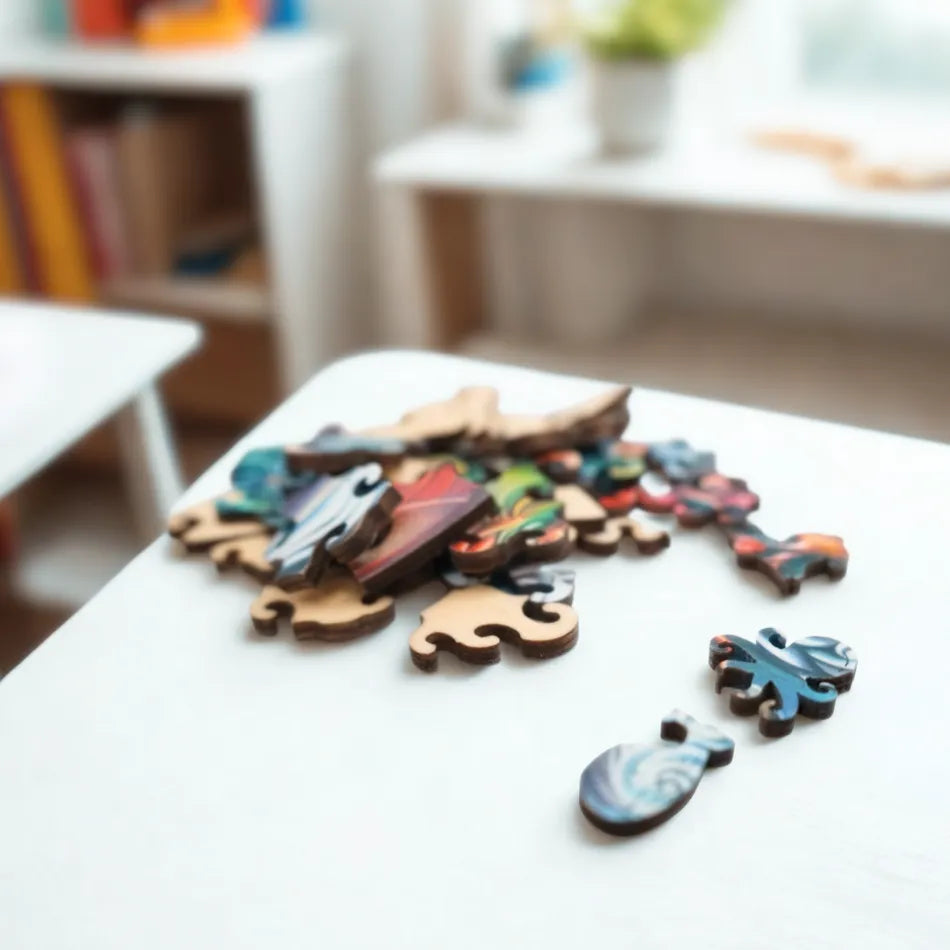 Colorful animal shaped puzzle pieces on a table with a blurred background