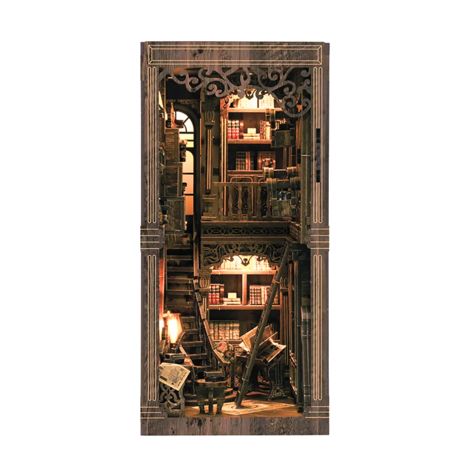 Book nook with intricate carvings and a bookshelf design.