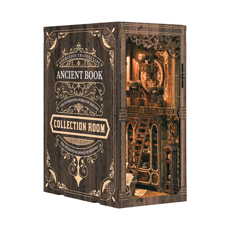 Wooden book-shaped box with intricate designs and a hidden compartment on a white background