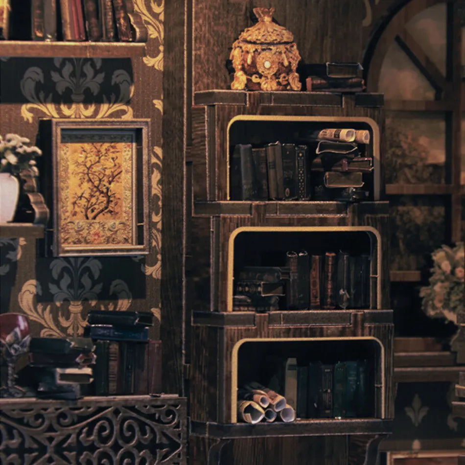 Decorative interior with wooden shelves, books, and decorative items.