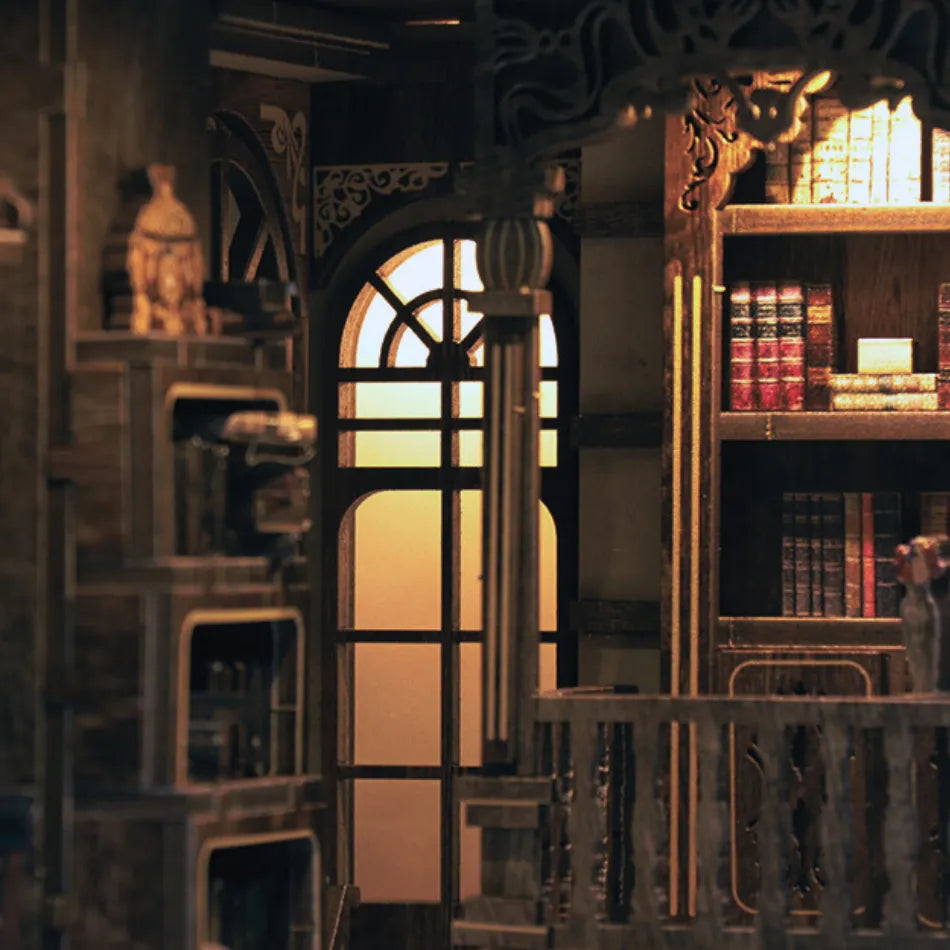 Decorative interior with bookshelf and archway in warm lighting