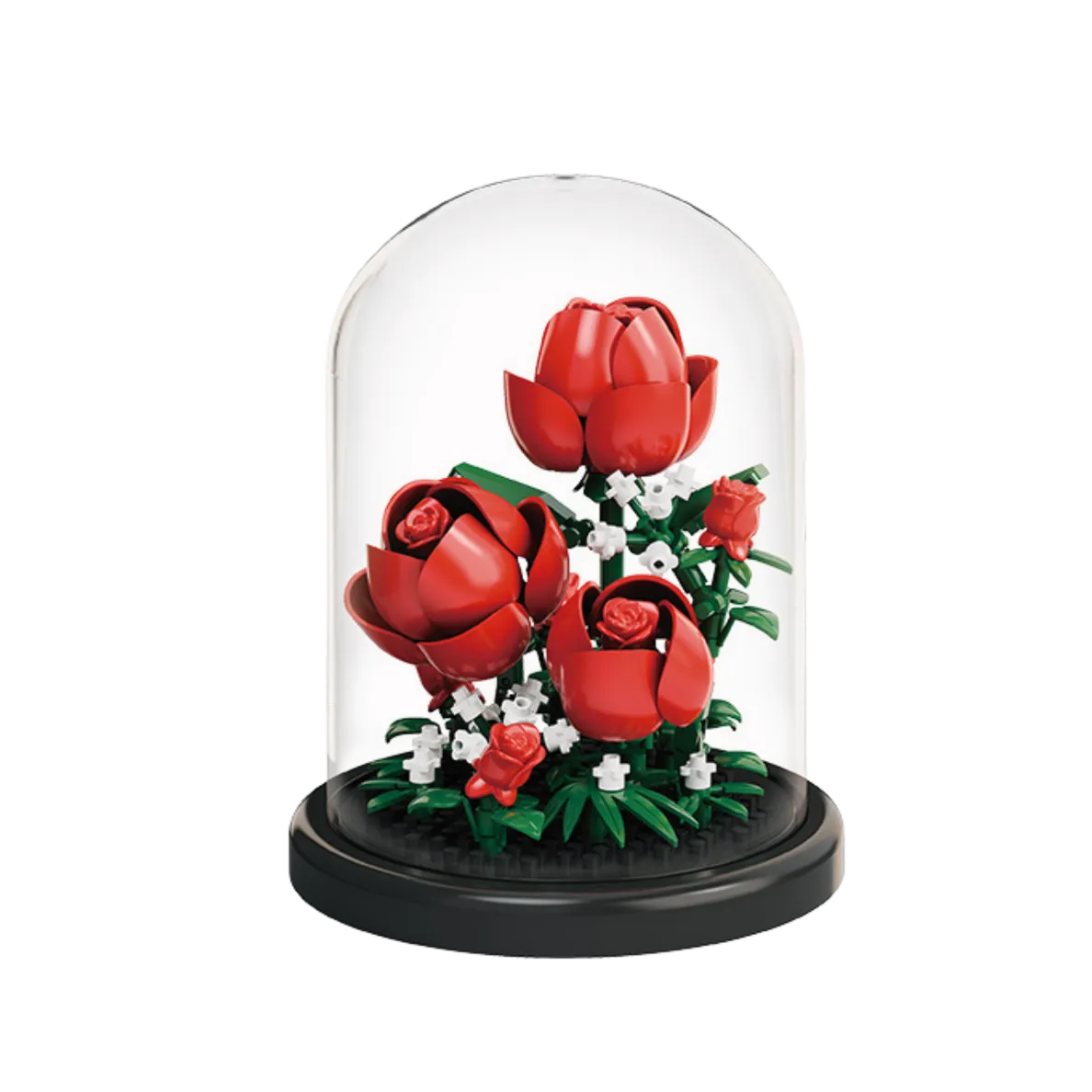 rose displayed under a clear dome cover on a black base